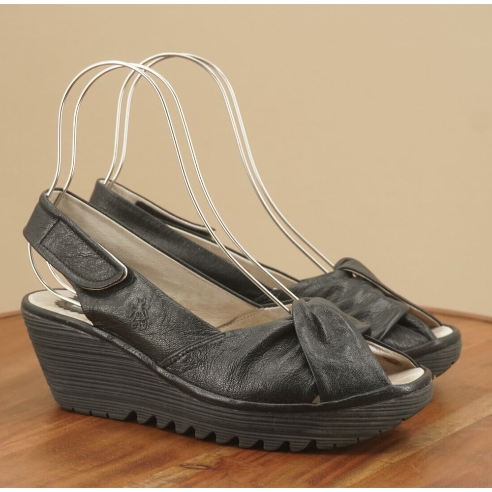 Fly London Womens Yakin Sandals Wedge Heel Slingback Peep Toe Black 40EU / 9 US